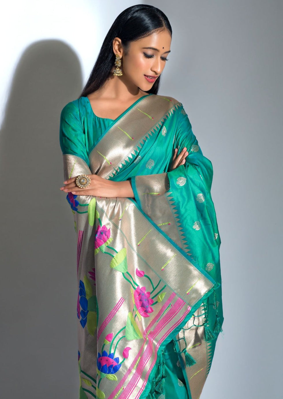 Green paithani silk bridal saree blouse designs online with price.