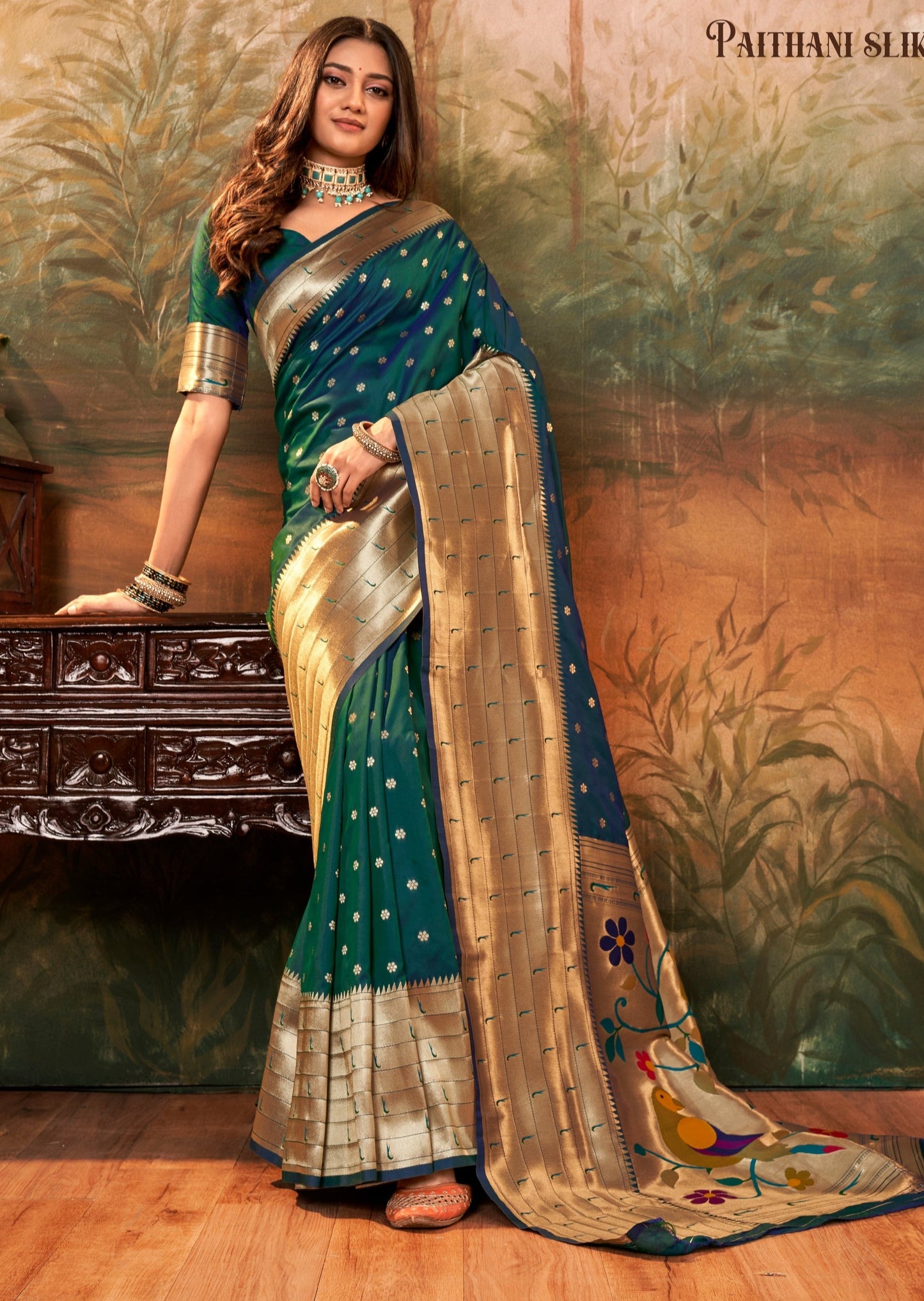 Paithani silk saree online in green colour.