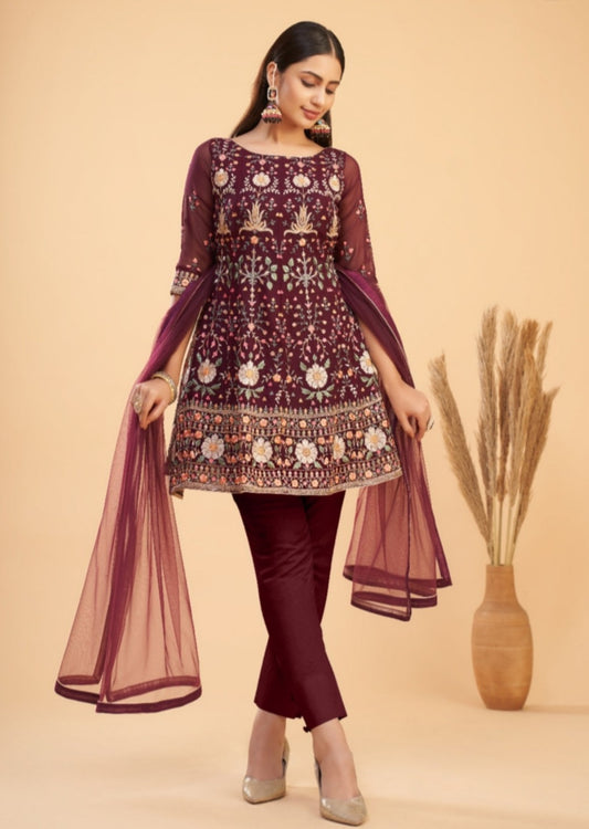 Maroon Red Short Anarkali Suit