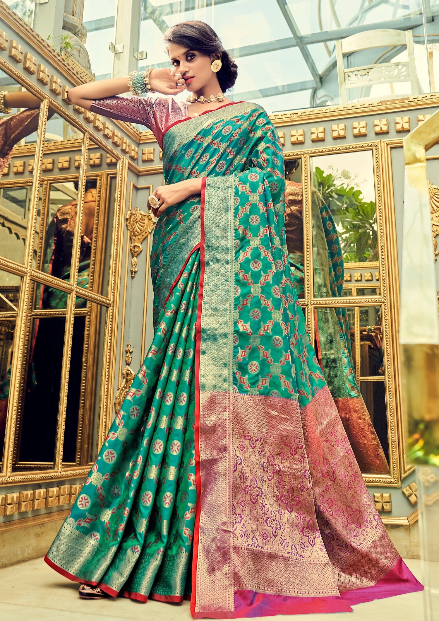 Pink-Green Weaving Banarasi Silk Bridal Wear Saree