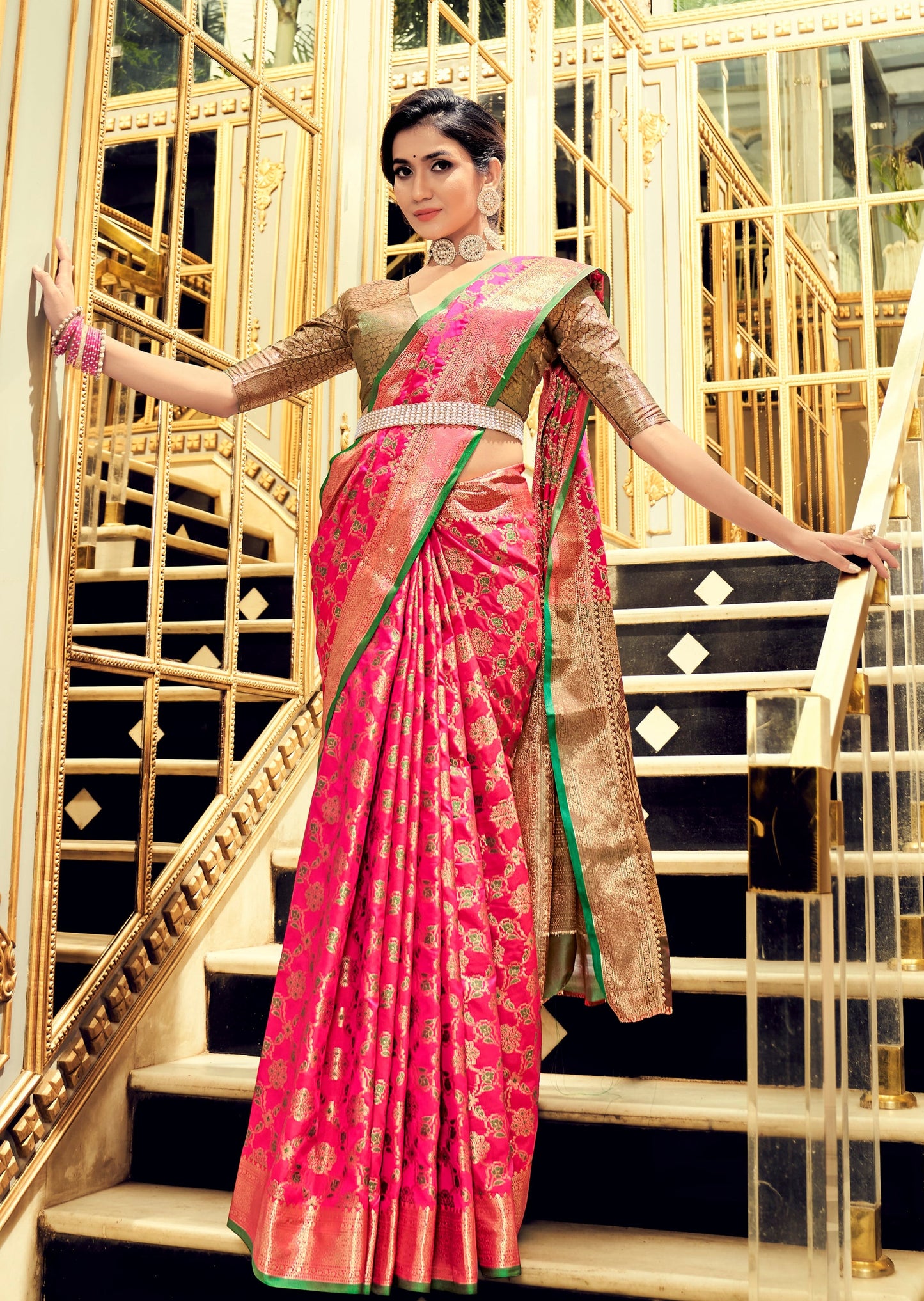 Pink banarasi silk bridal saree