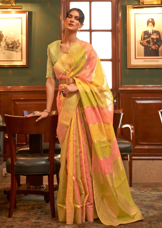 Yellow and lime green banarasi organza silk handloom saree in uk online shopping with price.