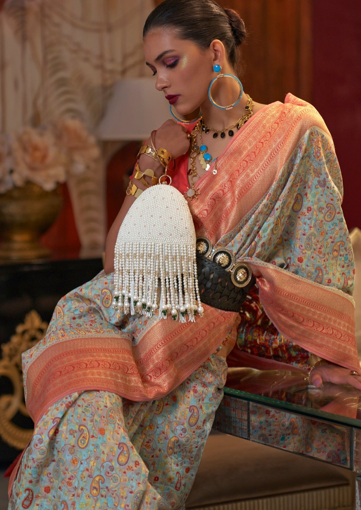 Blue handloom kashmiri banarasi saree blouse online shopping india.