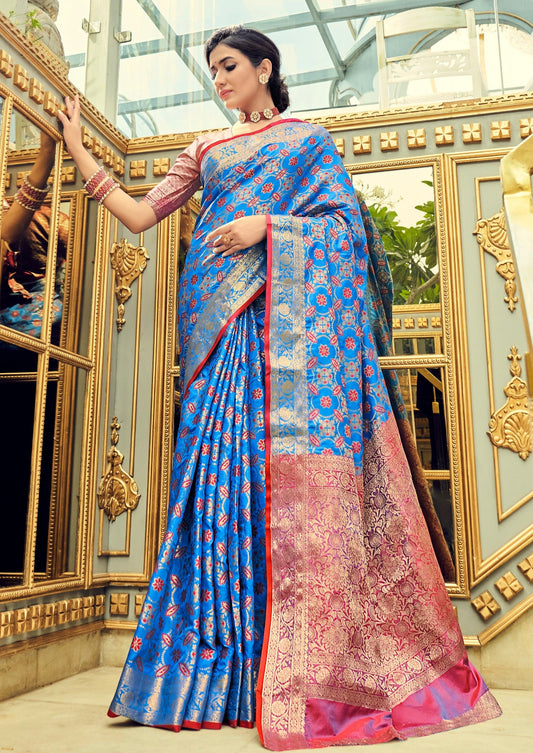 Banarasi patola silk blue saree online shopping in metallic gold zari work bandhani designs.