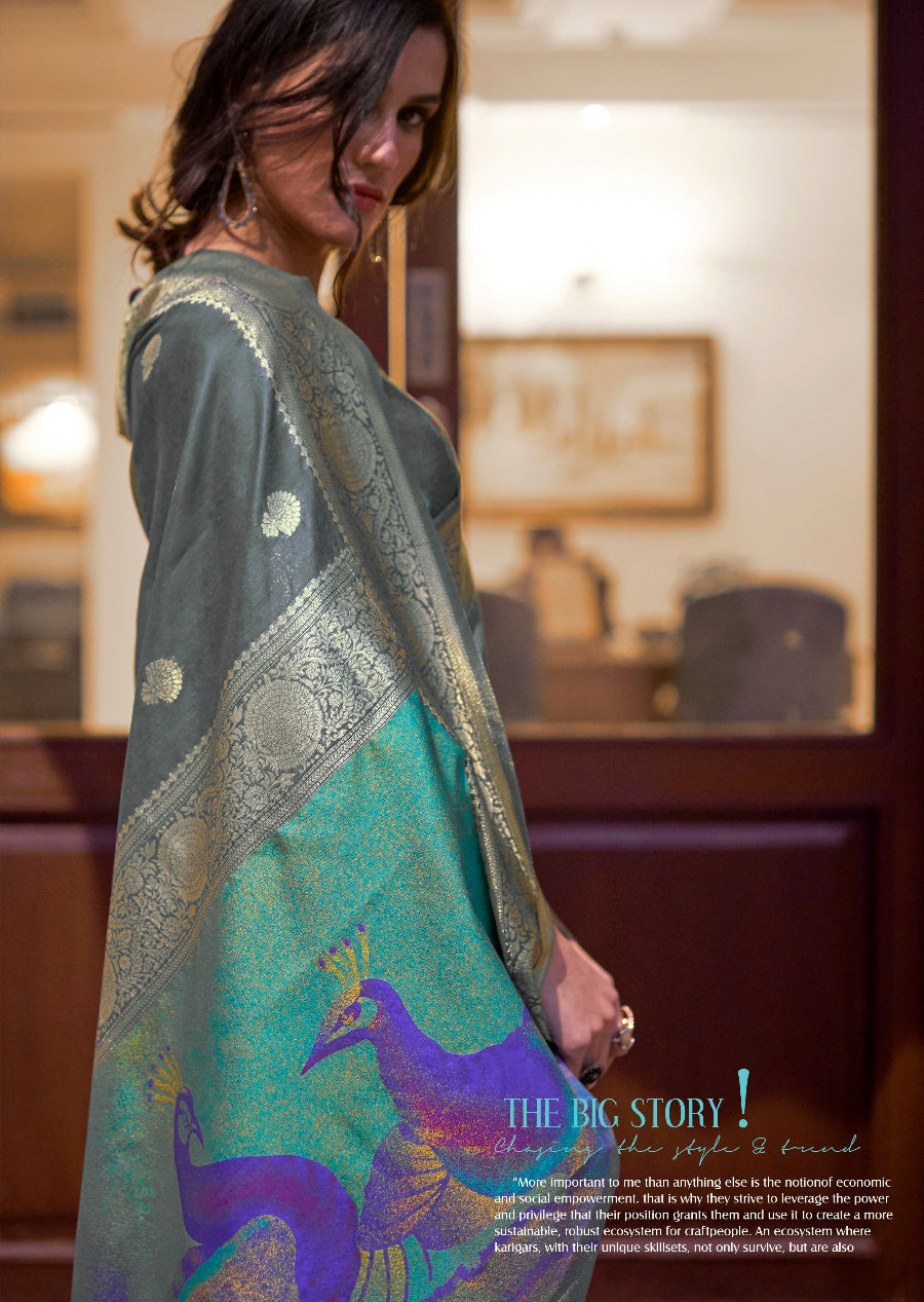 Grey banarasi silk saree in usa at fast delivery shipping available for online shopping.