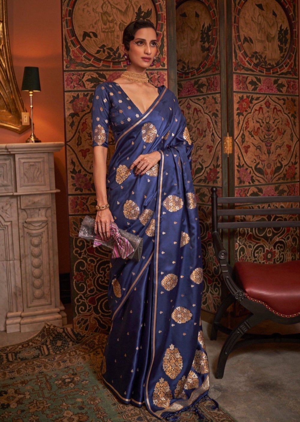 Banarasi satin silk handloom sarees online shopping in indigo blue color.