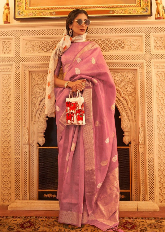 Banarasi tissue silk pink zari handloom saree online designs usa uk uae.
