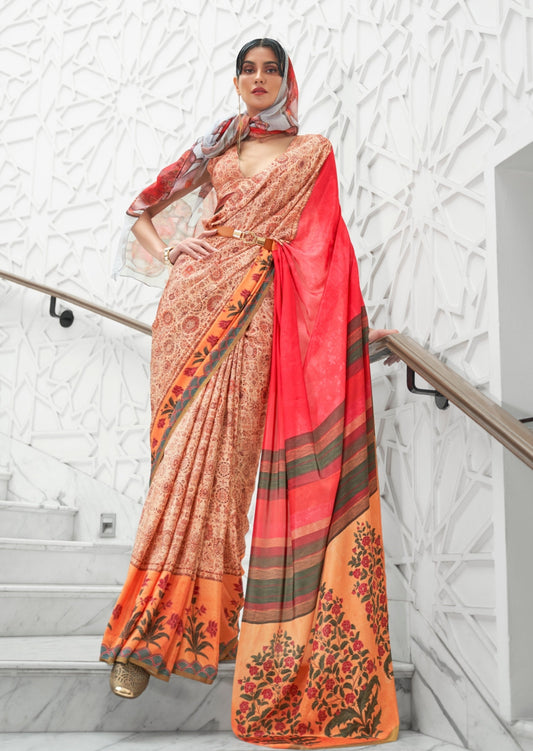 Beige kalamkari pure silk crepe saree online shopping in usa with contrast blouse.