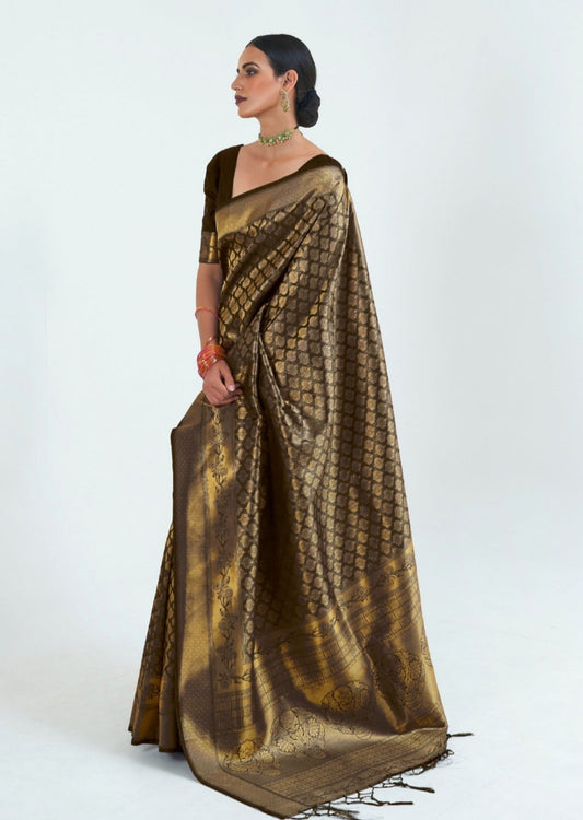 Black kanjivaram silk handloom saree online shopping for wedding function look having gold zari woven design.