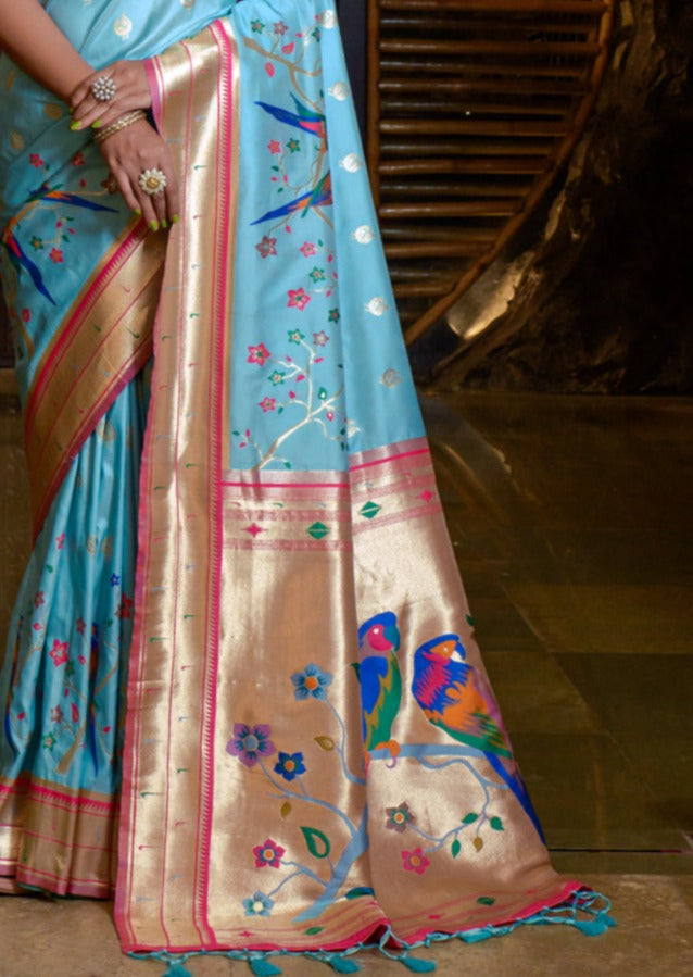 Sky Blue Paithani Silk Handloom Saree with Pink Blouse (Pre-order)
