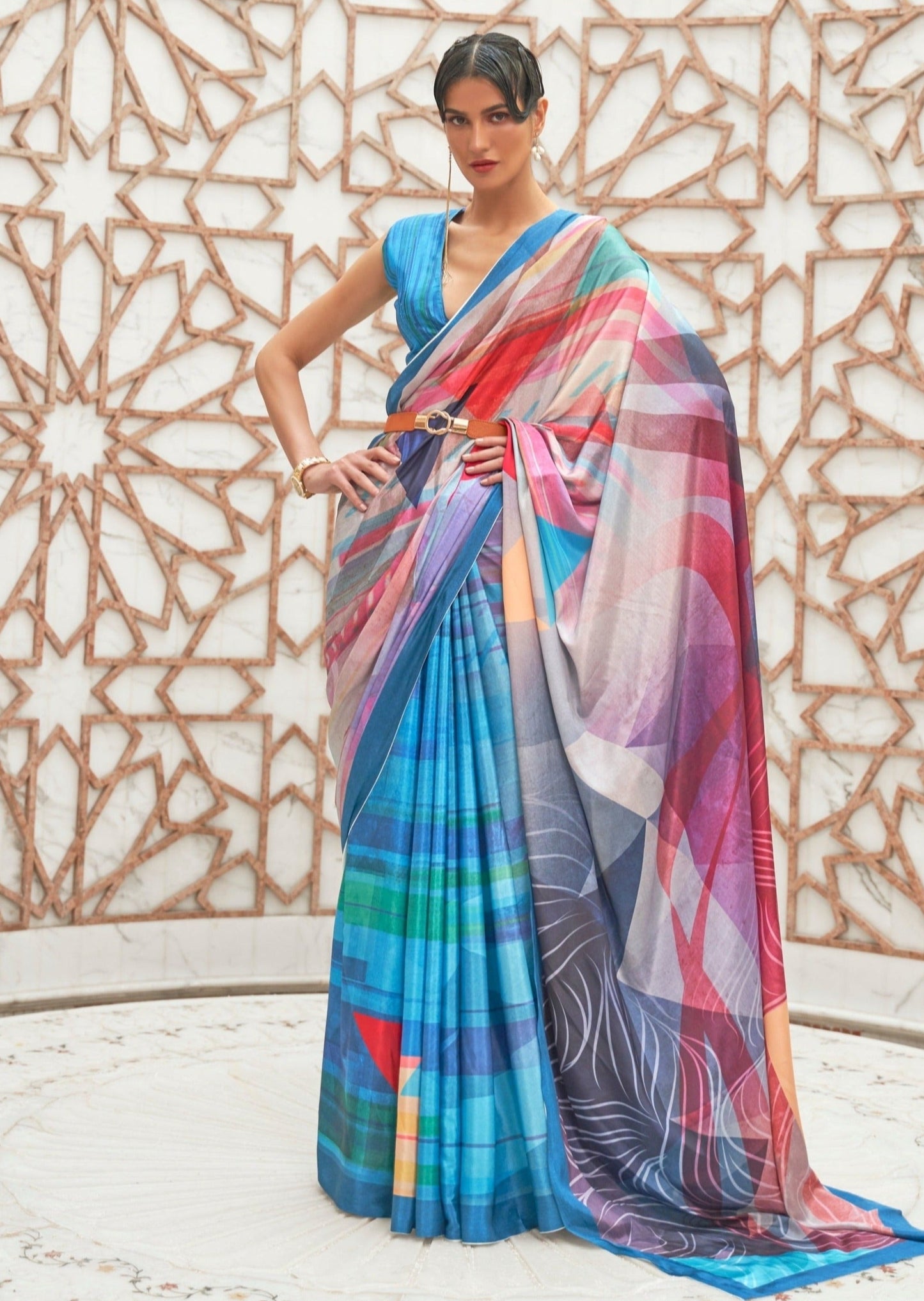 Blue pure silk crepe printed saree online in luxury fabric.