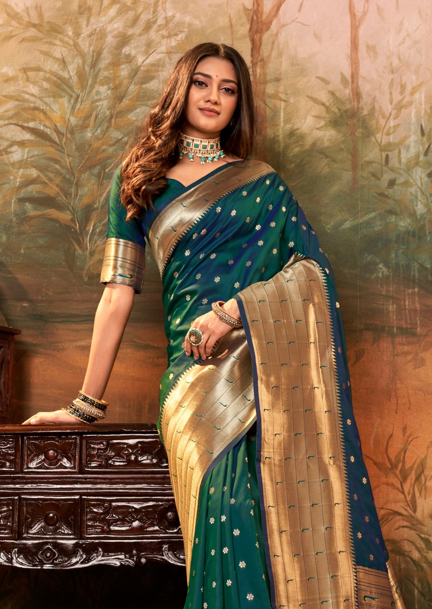 Bridal paithani silk green handloom saree online shopping for wedding.