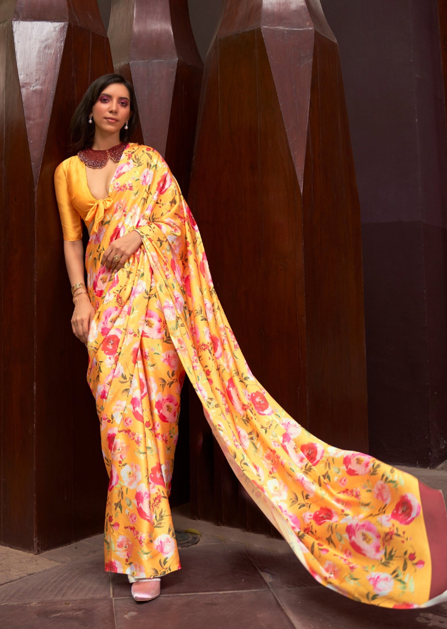 Digital print satin saree in yellow color online usa for bridesmaids.