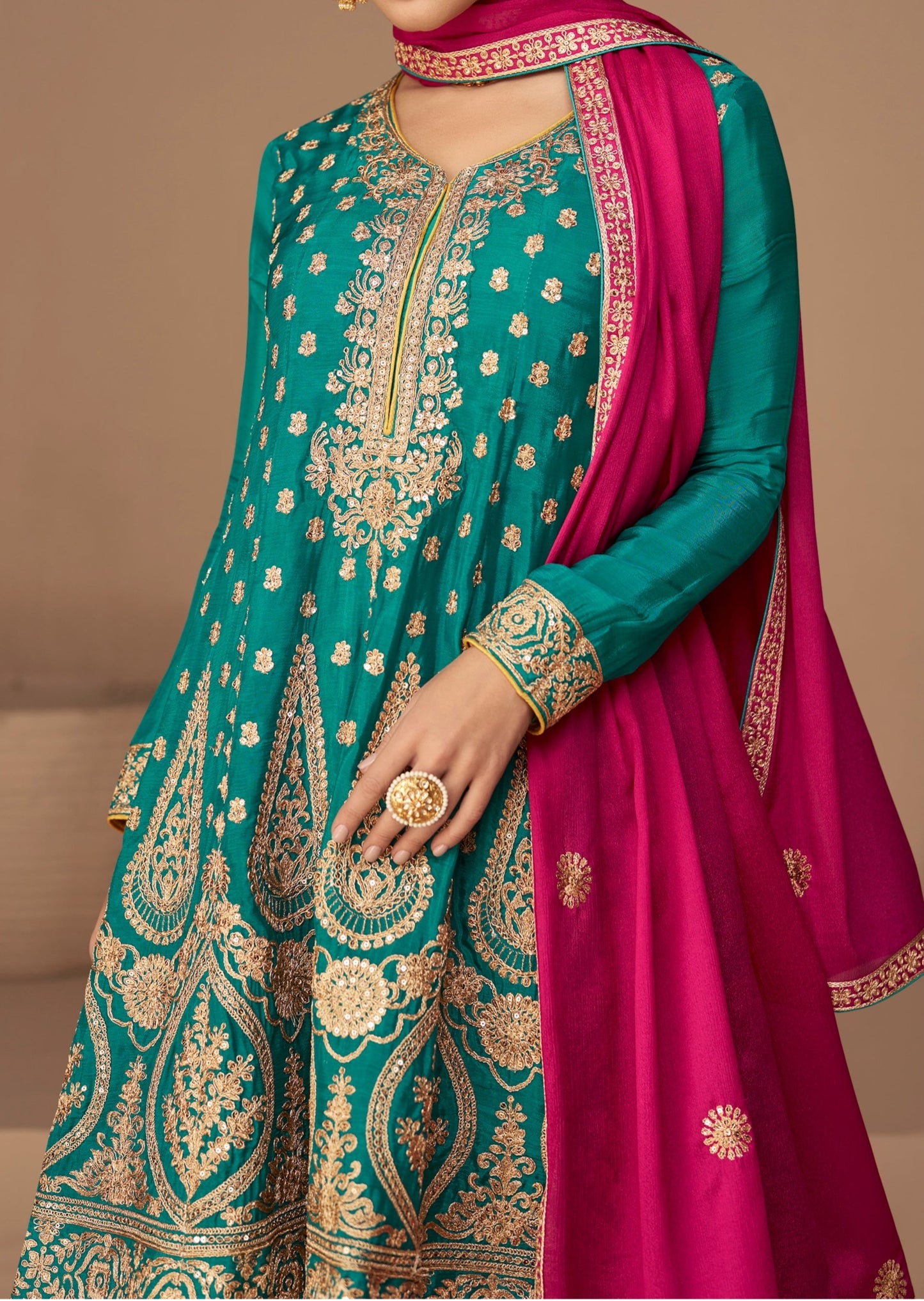 Blue suit design for woman with red dupatta