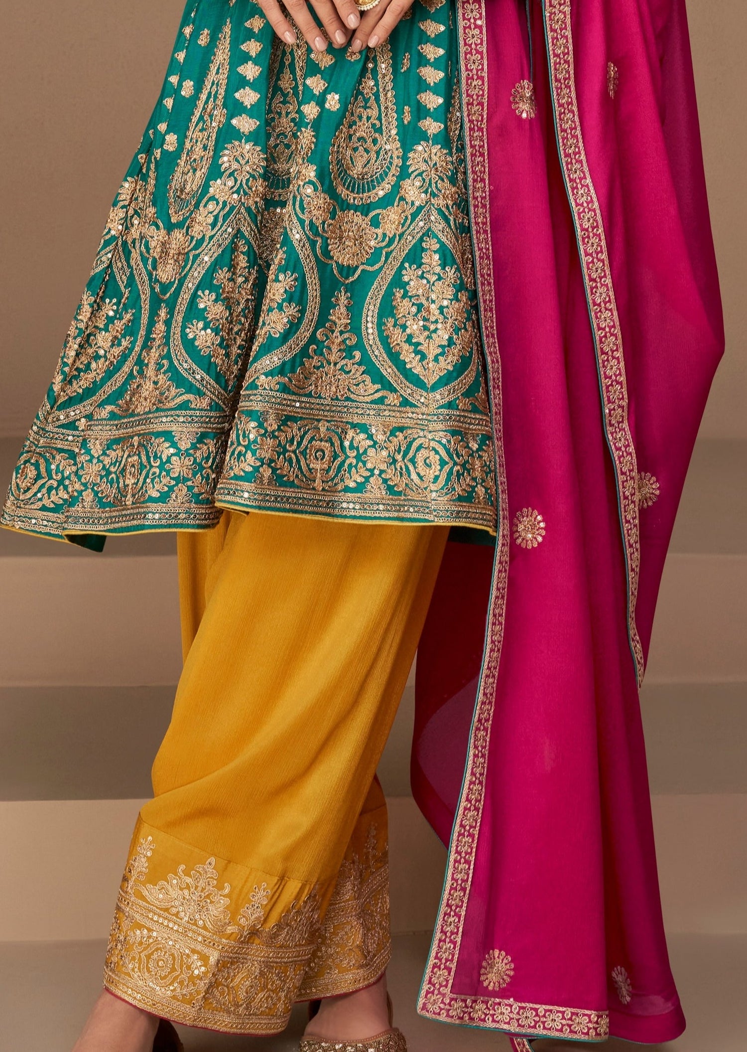 Firozi Blue Anarkali suit close up design with Yellow salwar