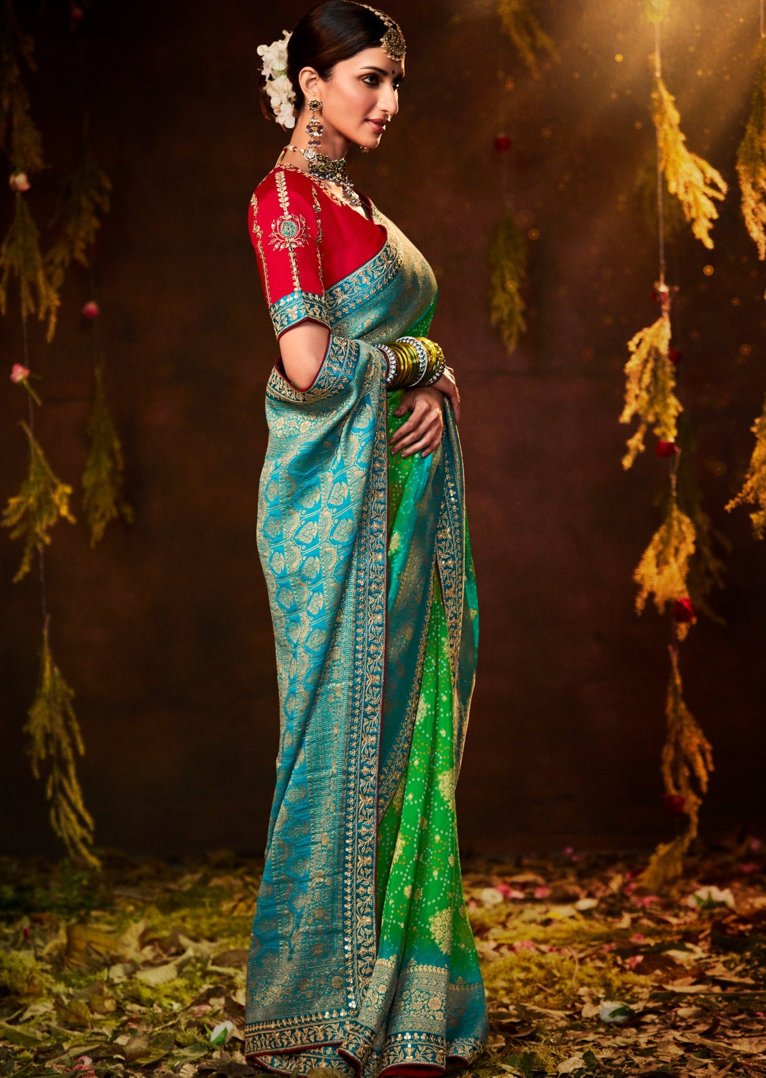 Green bandhani silk saree with red blouse online price india usa uk canada uae.