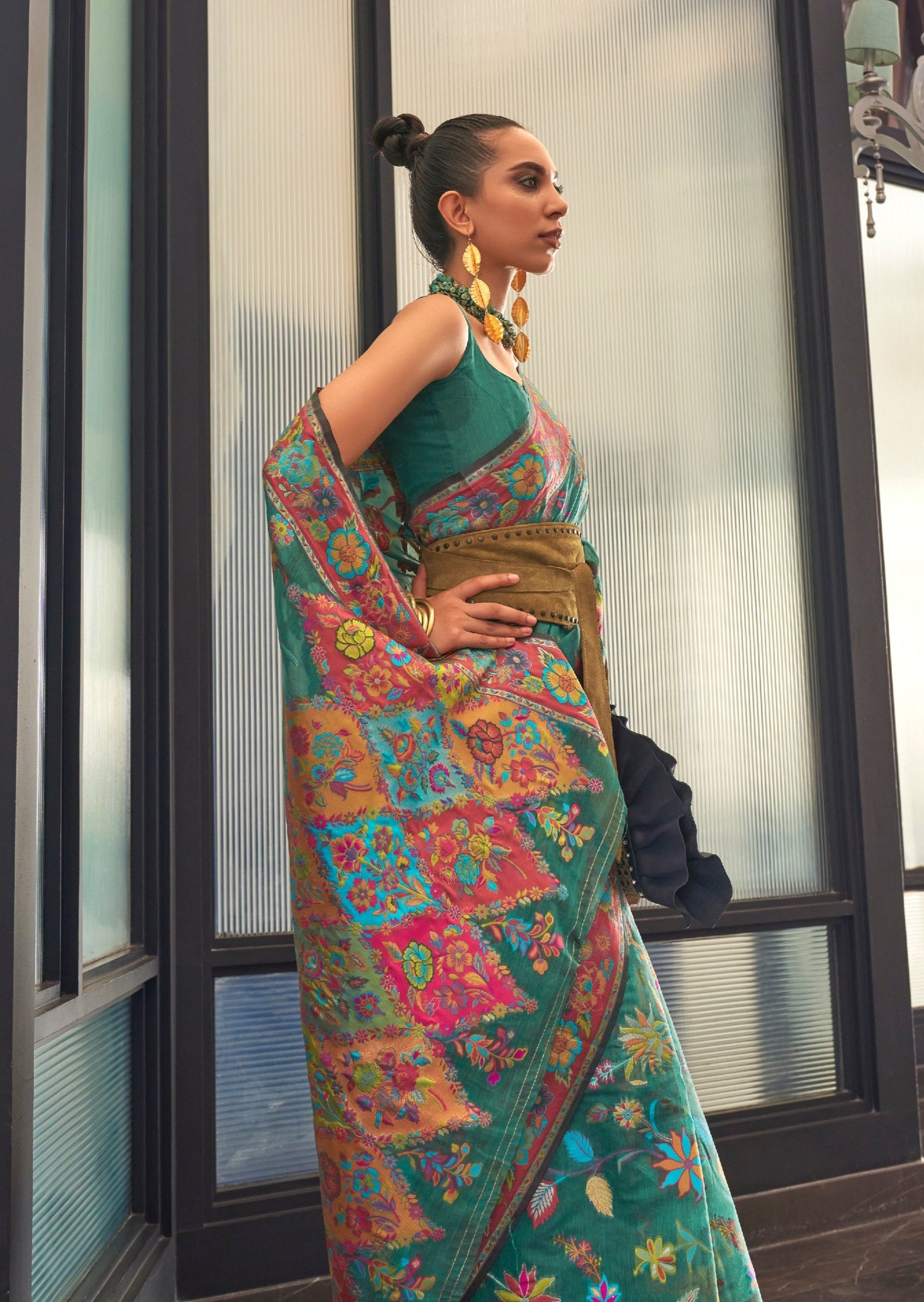 Sushila Vintage Mustard Saree Blend Woolen Floral Printed Soft Sari Cr