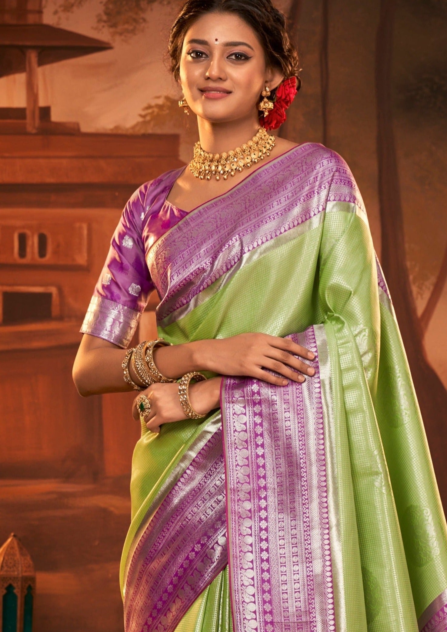 Lime green pure kanjivaram silk saree on wedding sale.