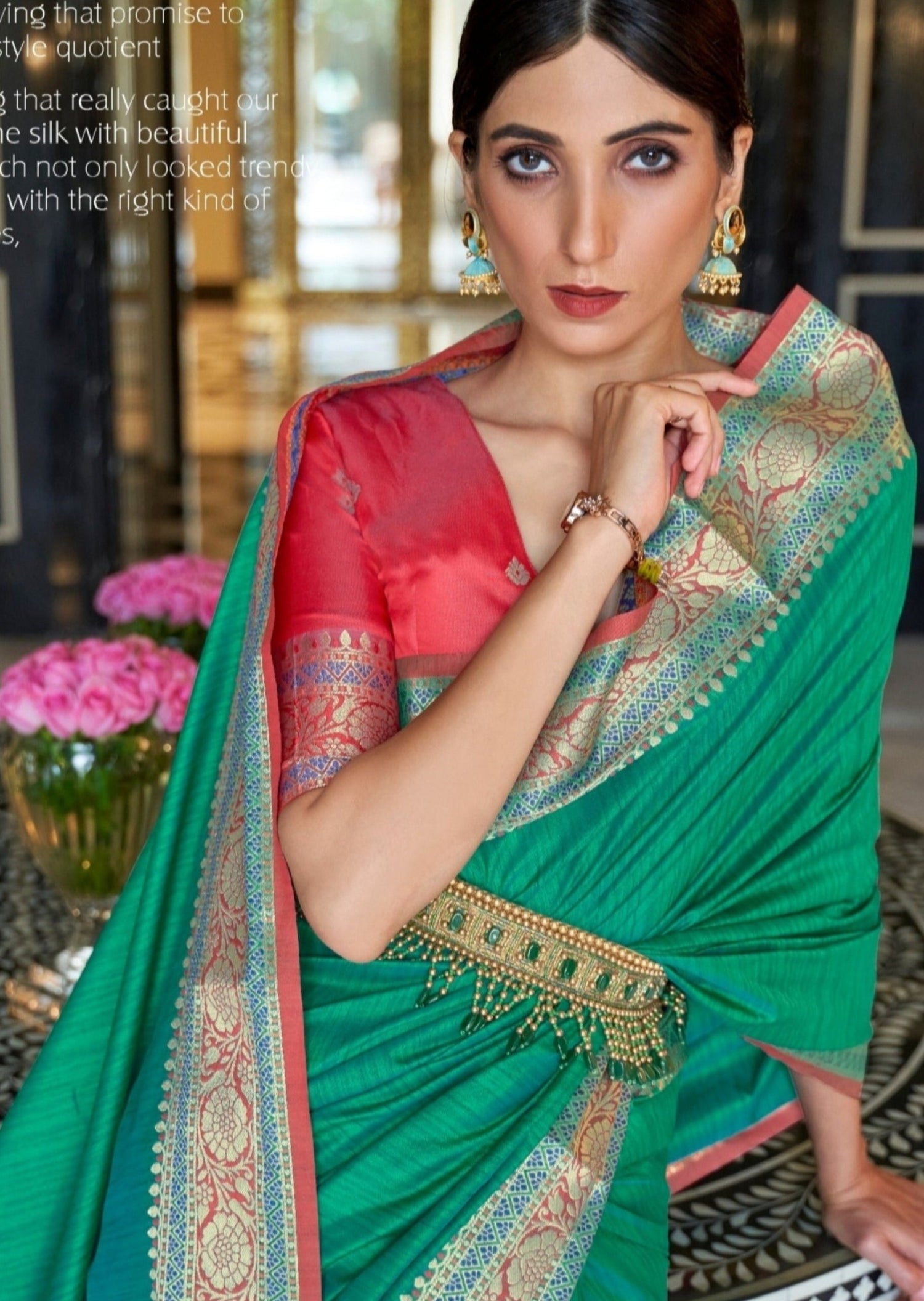 Tussar silk saree online in green color with contrast red blouse.