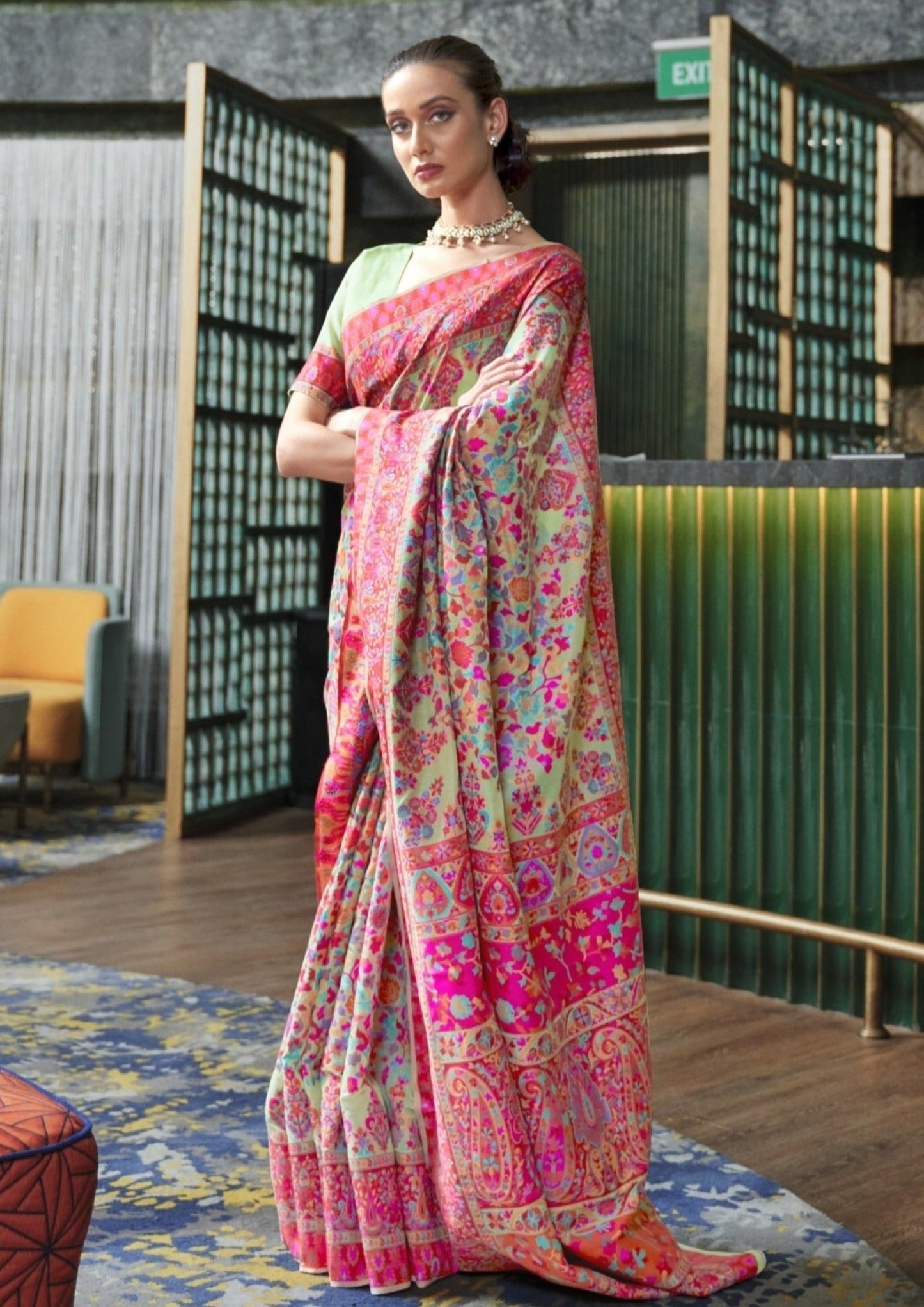 Green kashmiri handloom saree online shopping.