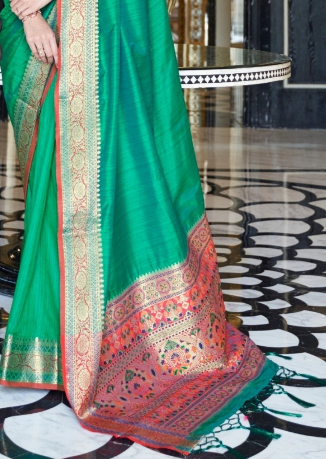 Green tussar silk saree designs via online shopping in india.