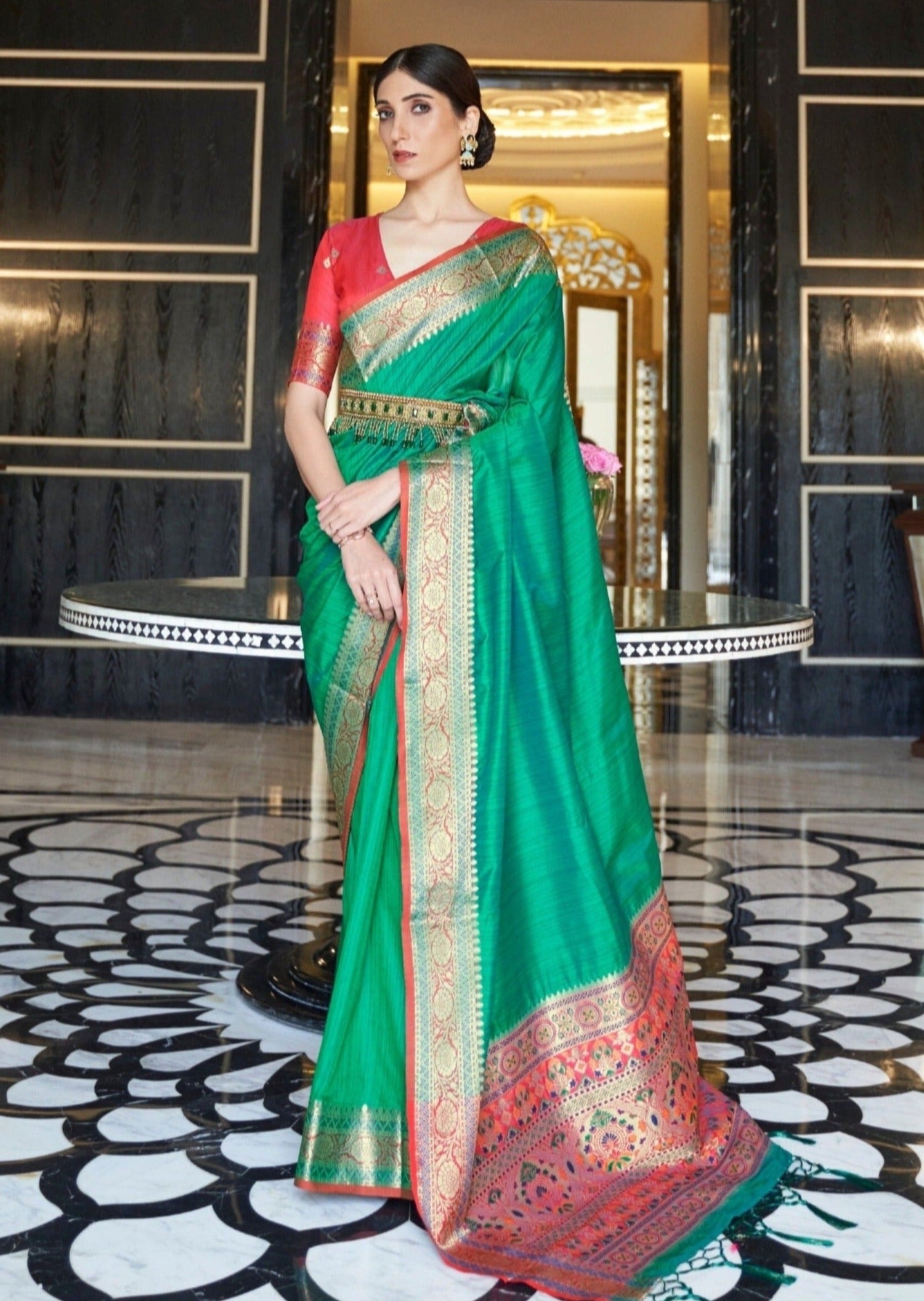 Tussar silk green saree online price in India.