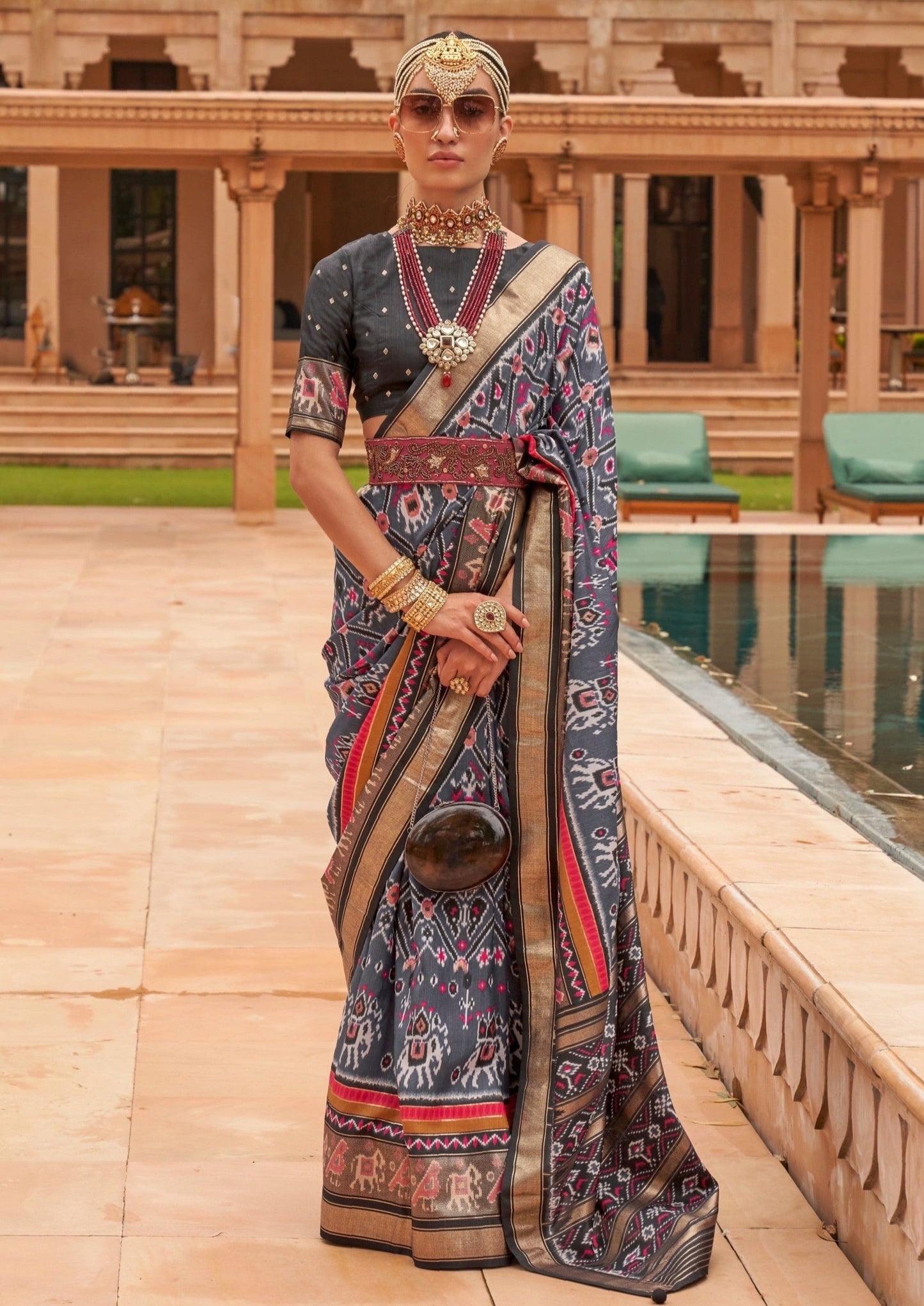 Woman's grey ikat patola silk saree online.