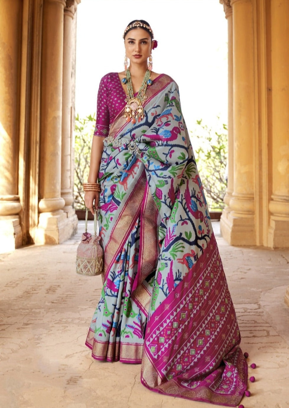 Patola saree original online shopping in grey and pink colour combination.