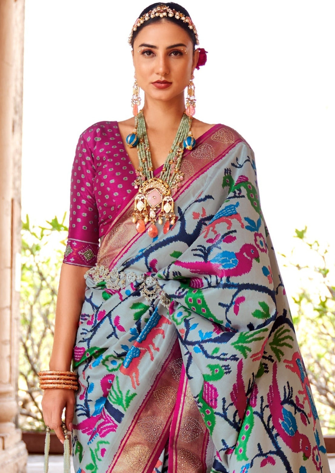 Grey patola silk saree online shopping with contrast pink blouse.