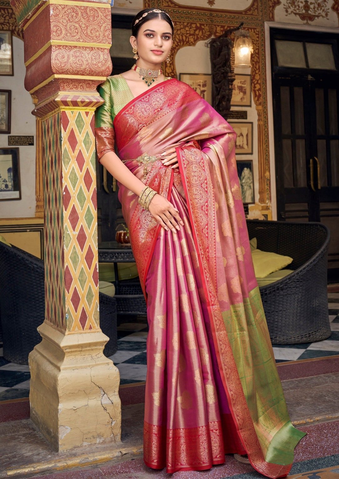 Handloom banarasi tissue saree online shopping in pink and green colour combination with price.