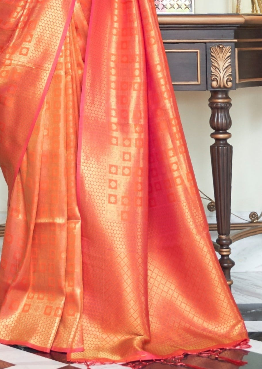 Handloom kanjivaram saree collection usa online designs at best price in orange color for wedding wear.