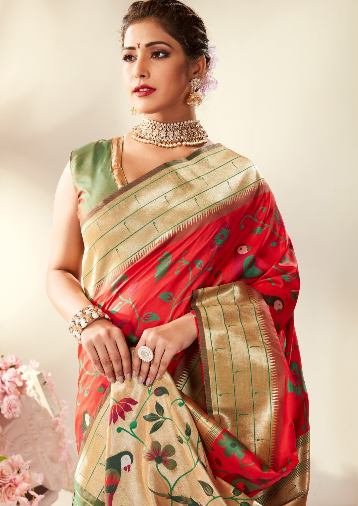 Pure handloom paithani silk red bridal saree blouse designs online shopping india.