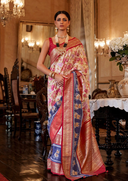 Ikkat white floral saree usa with banarasi pallu for online shopping.