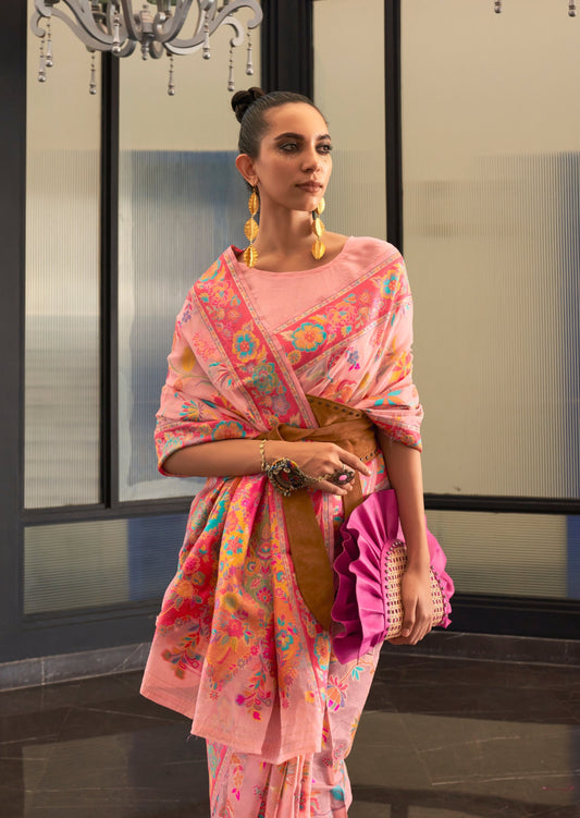 Kashmiri jamawar pink saree blouse online shopping in pure silk.