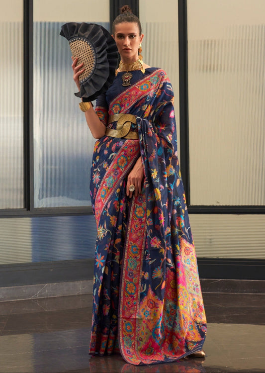 Kashmiri Jamawar blue Pashmina saree