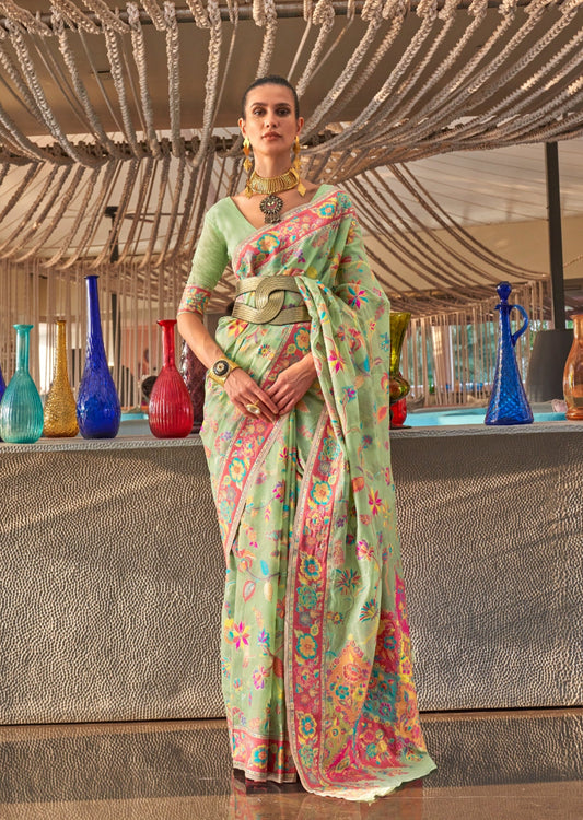 Kashmiri Jamawar Pista Green Pashmina saree