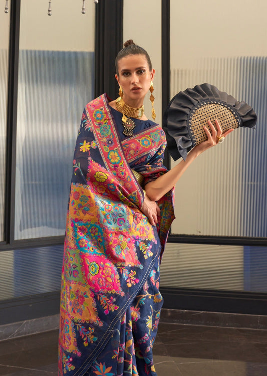 Kashmiri Jamawar Royal Blue Pashmina saree