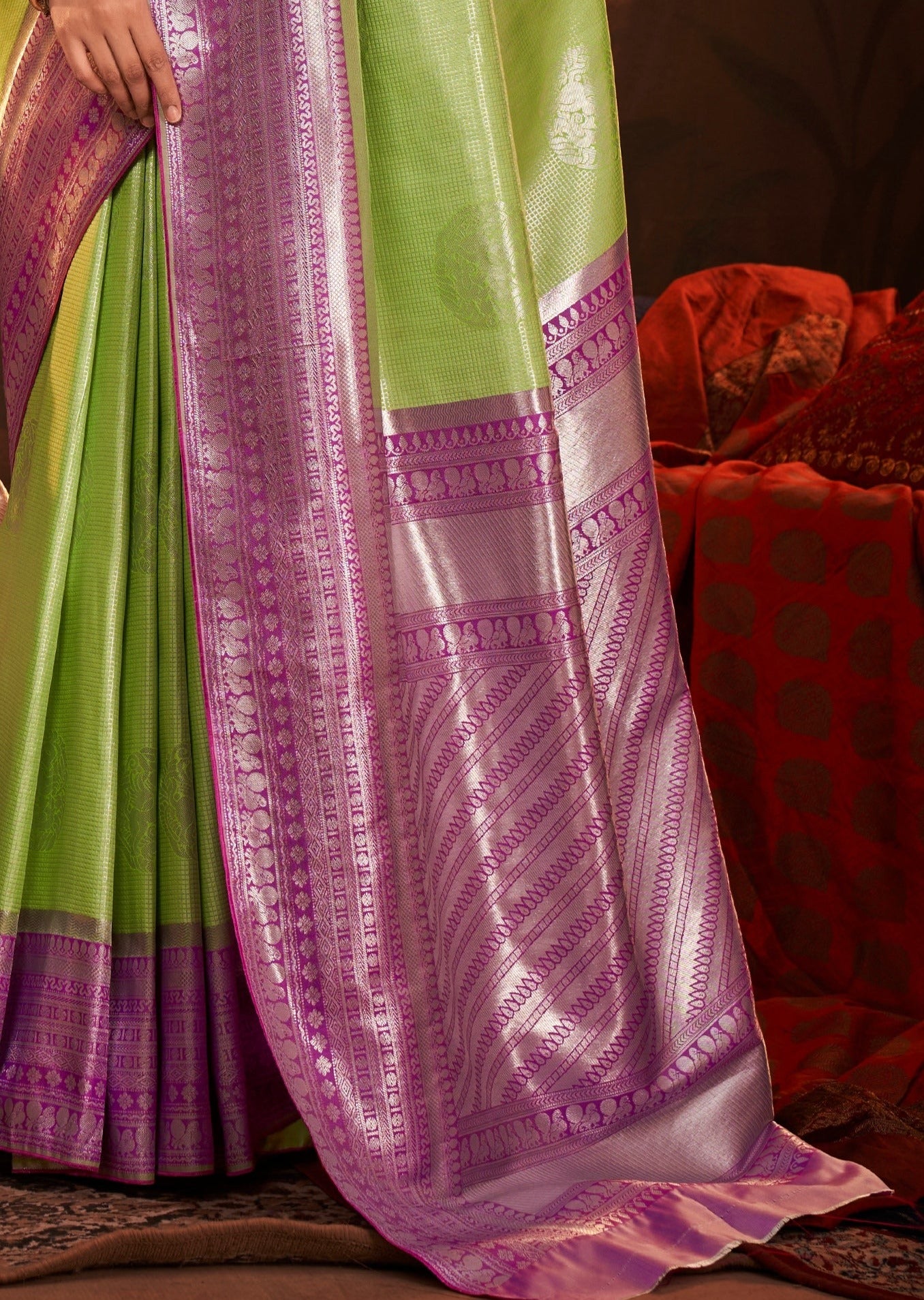 Zari work lime green pure kanjivaram silk saree online.