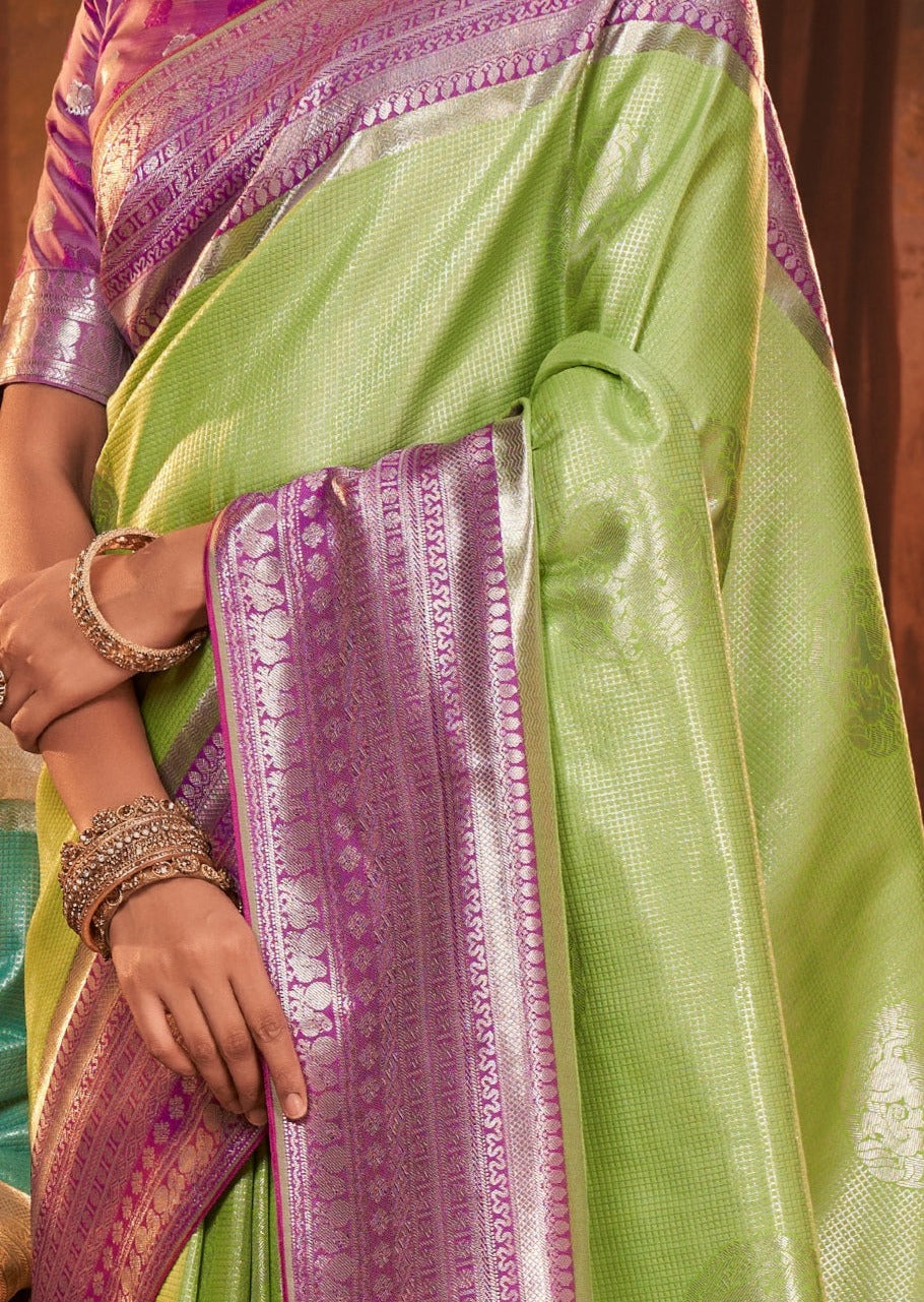 Light green pure kanjivaram silk saree online with contrast border.