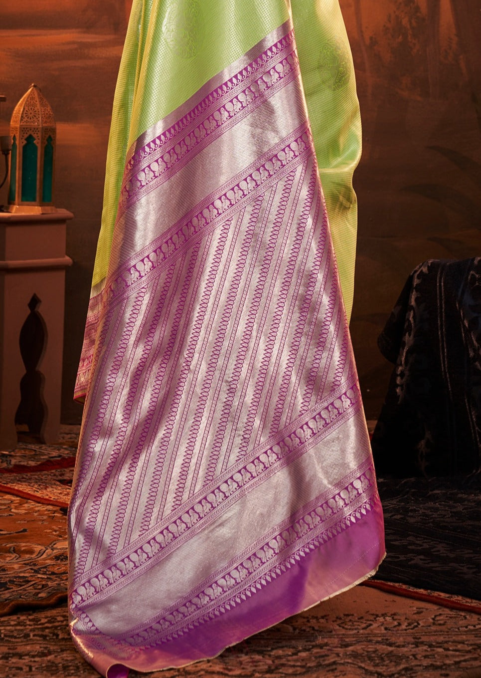 Lime green pure kanjivaram silk saree zari pallu heavy designs online.