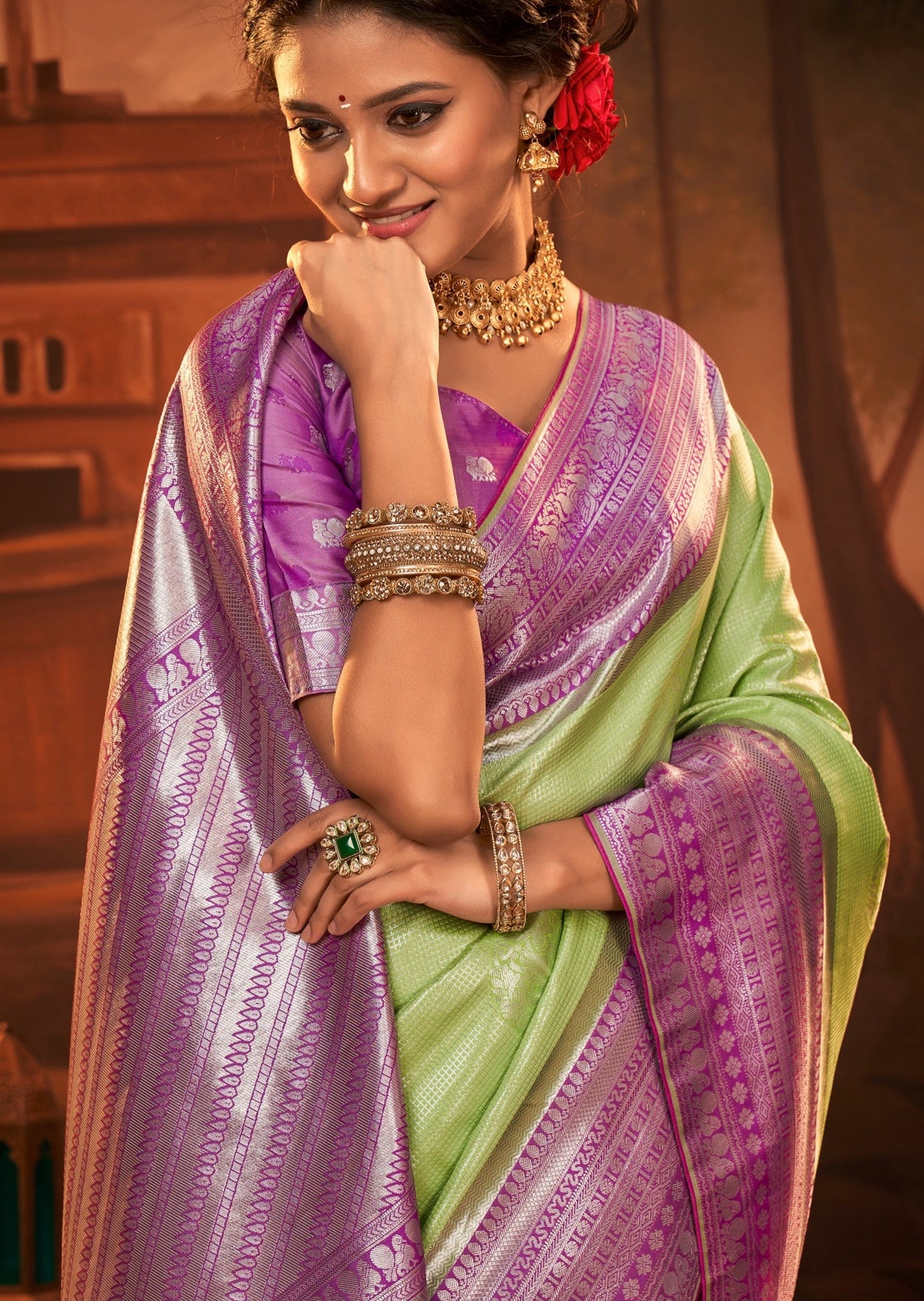 South indian bride in lime green pure kanjivaram silk saree online.