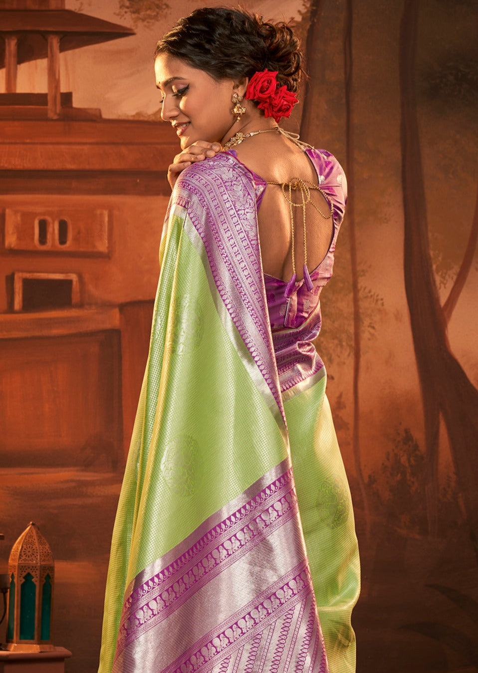 Lime green pure kanjivaram silk saree for sale online.