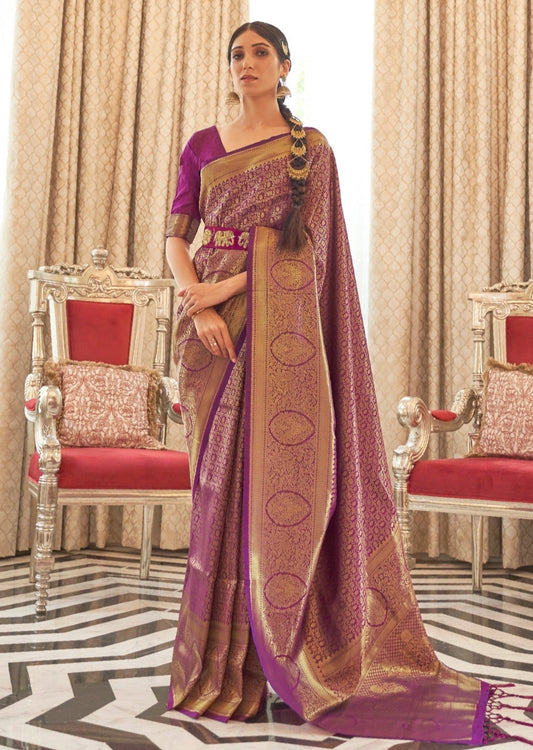 Magenta pink kanjivaram silk saree usa online shopping for wedding function look having gold zari woven design.