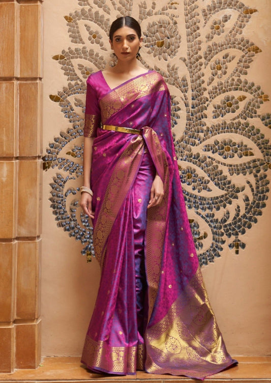 Pure kanjivaram silk handloom saree online in magenta pink colour for wedding wear, festive wear and bridal wear.