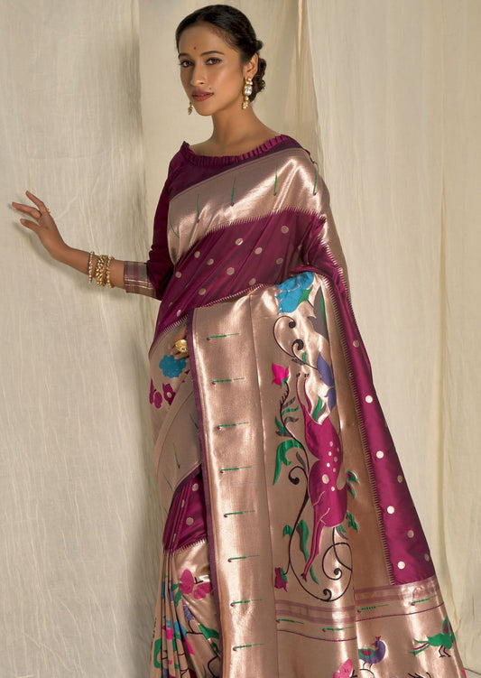 Wine maroon pure Paithani Silk saree