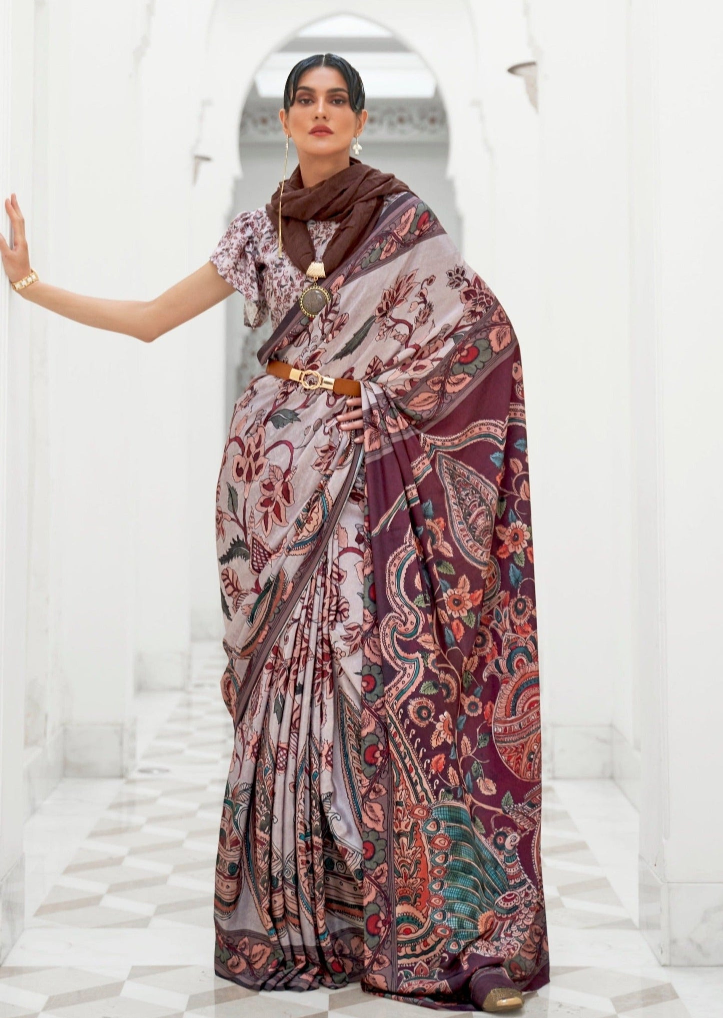 Woman wearing Grey and Brown Kalamkari Pure Silk Crepe Saree