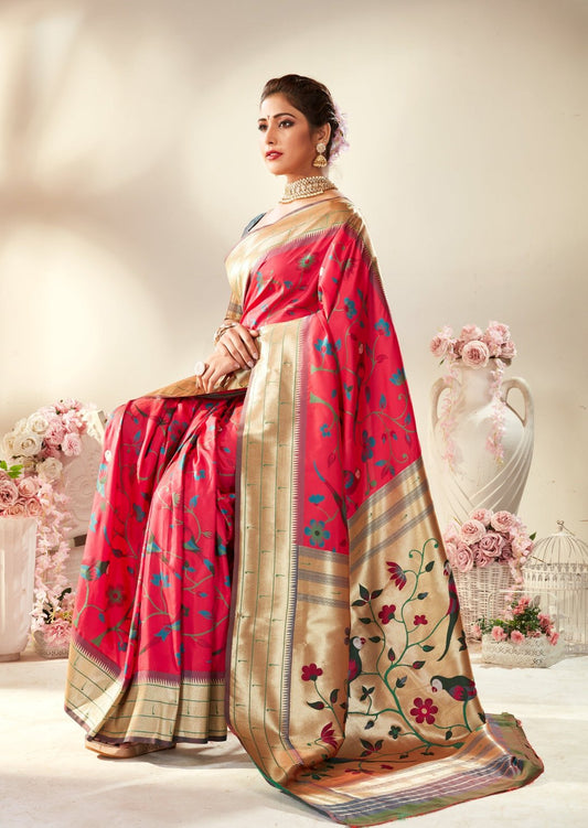 Pure paithani handloom silk red saree with contrast grey blouse online shopping for wedding function look.