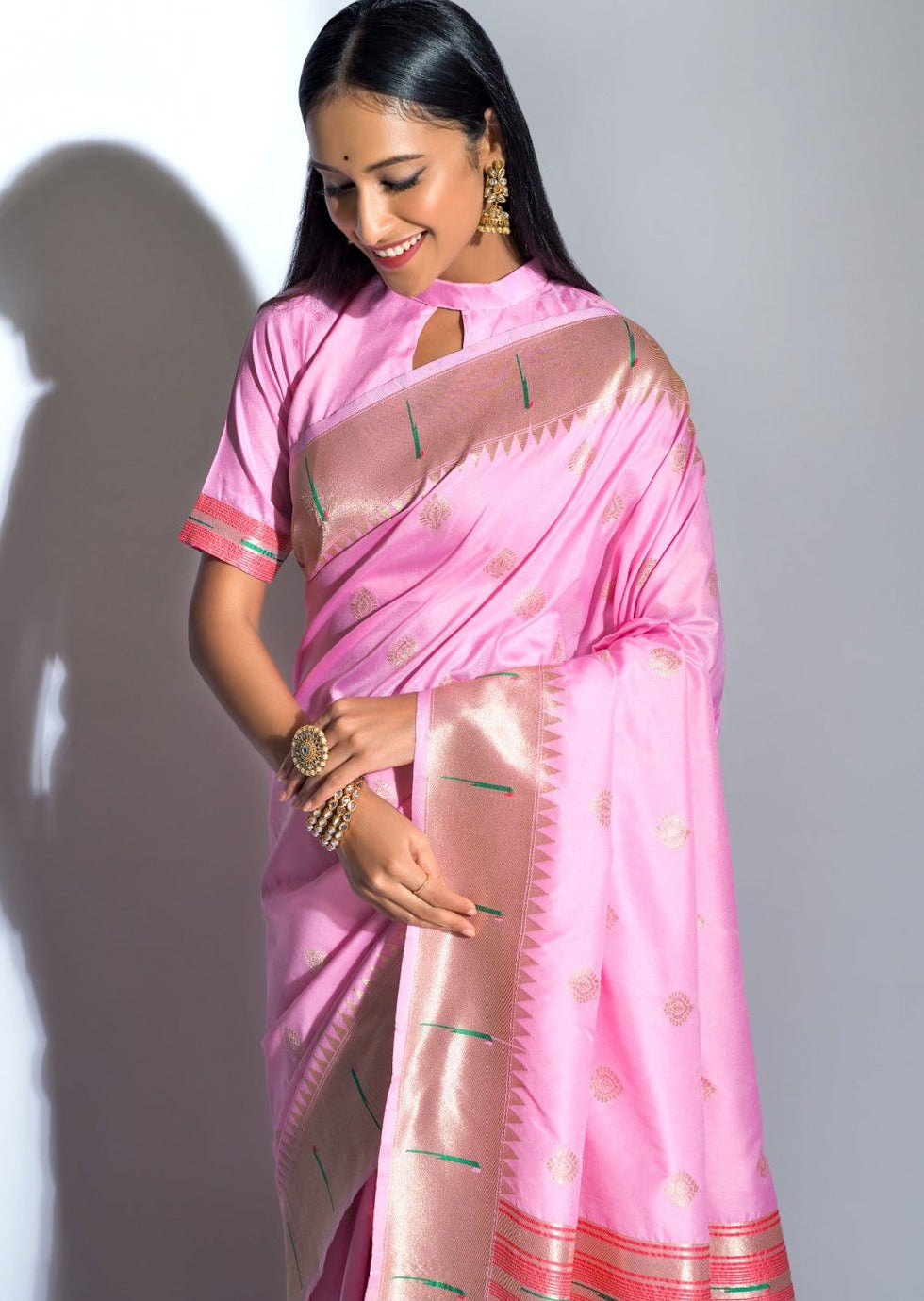 Pure paithani silk baby pink saree online shopping with price.