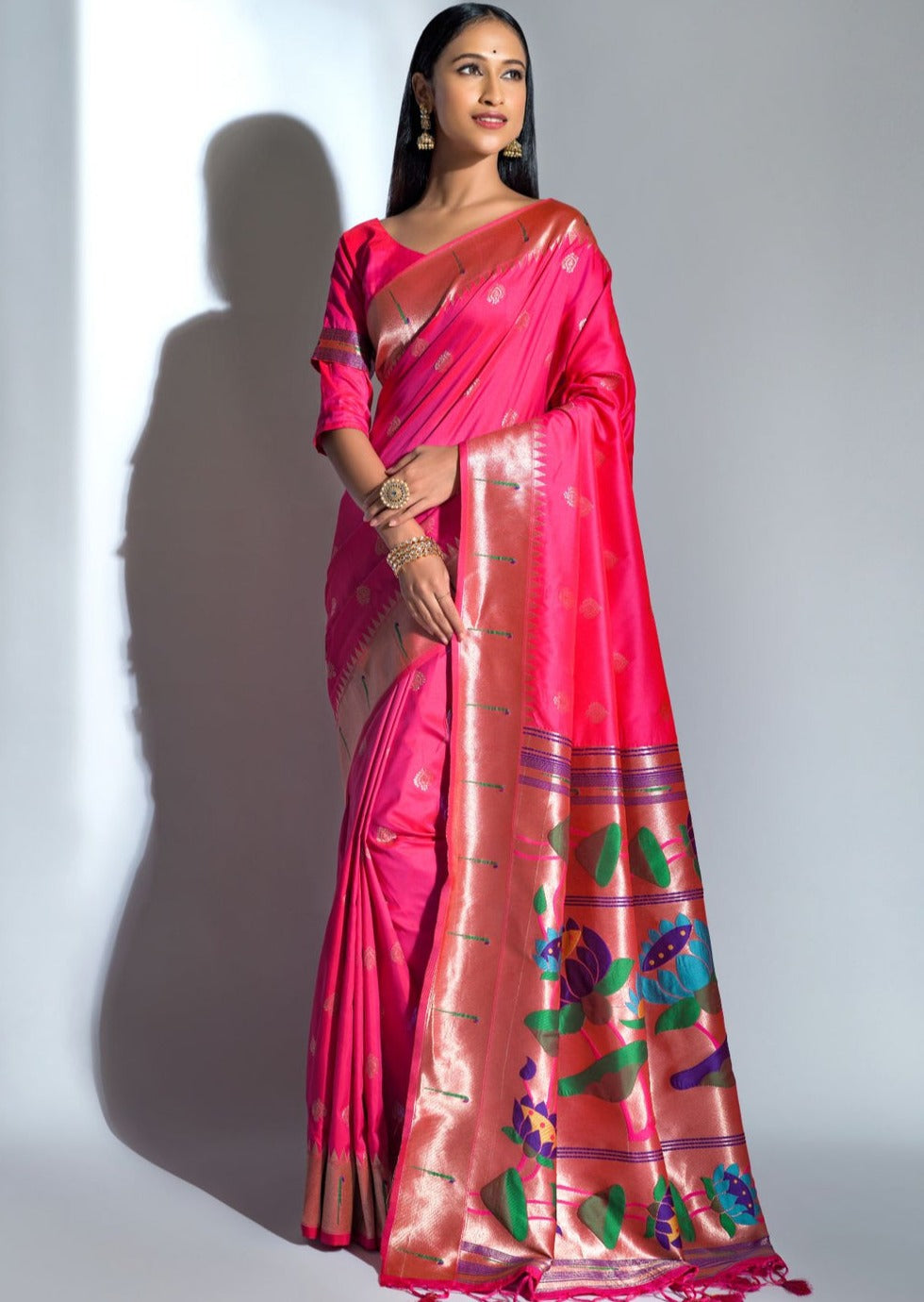 Woman wearing pure Paithani Silk Cheshire Pink Saree