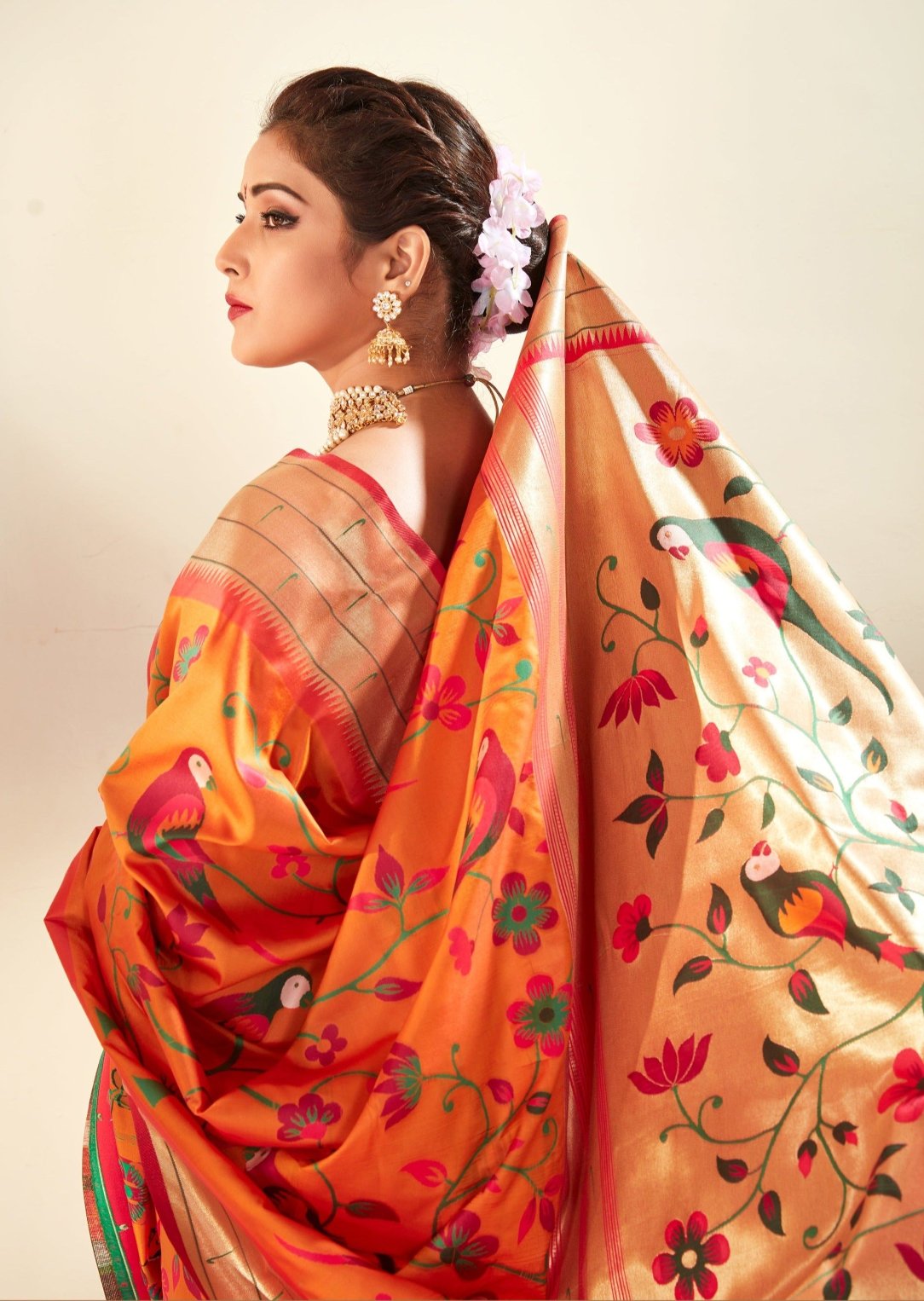 Handloom paithani silk saffron orange saree in usa online shopping from India.